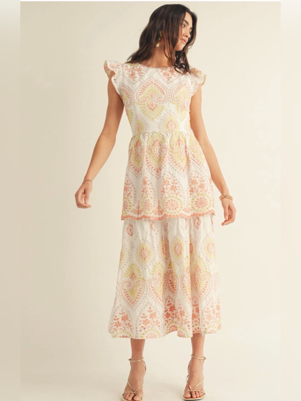White Paisley Embroidered Midi Dress - Pink & Yellow